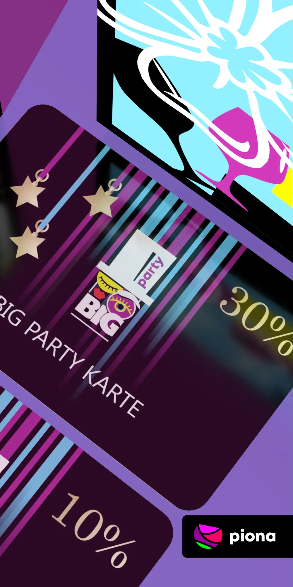 Дизайн дисконтних карток, розробка бренду для івент агентства Big Party, Рига. Ідея та дизайн від Брендінг бюро Piona